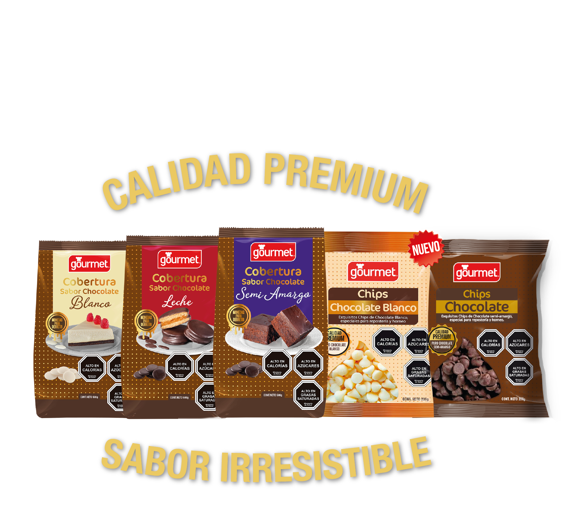 bodegón de productos - coberturas y chips de chocolate - calidad premium - sabor irresistible
